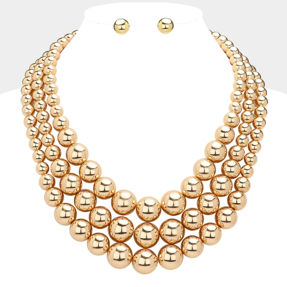Gold Metal Ball MultiLayered Necklace Triple Layered Chunky Statement Beaded